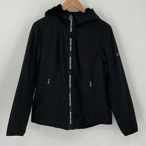 Michael Kors Fleece Lined Hooded Zip Up Jacket Women Medium Black Pockets Warm - Picture 1 of 8